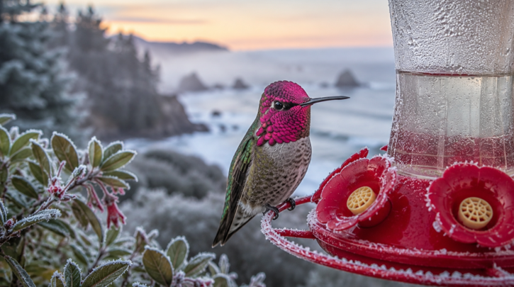 Illustration of an overwintering Anna's Hummingbird at a winter feeder