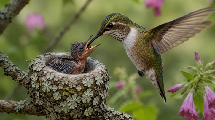 Illustration of a hummingbird nestling being fed by its mother