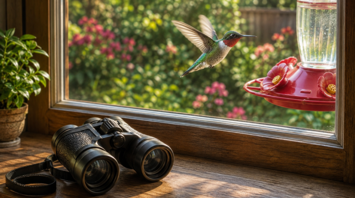 Illustration of binoculars for birdwatching, with a hummingbird in view