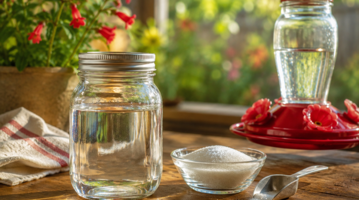 Illustration of homemade hummingbird nectar being prepared
