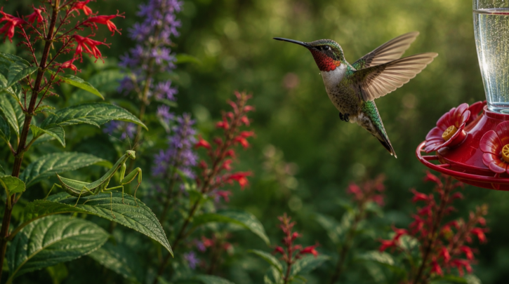 Illustration of a hummingbird near a feeder, with a praying mantis nearby as a natural predator to watch for