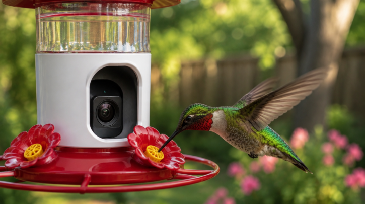 Illustration of a hummingbird visiting a smart camera feeder