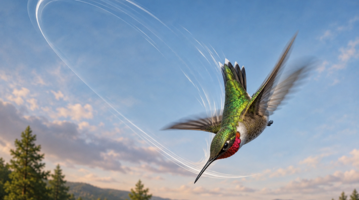 Illustration of a male hummingbird performing a courtship display dive