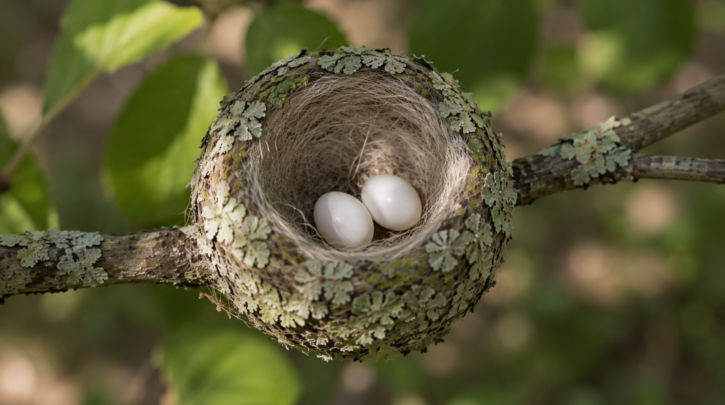 Illustration of two tiny white hummingbird eggs in a nest