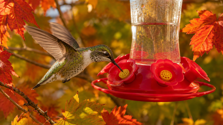 Illustration of a hummingbird fattening up at a feeder before fall migration
