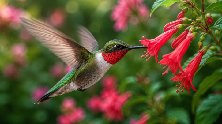Illustration of a hummingbird hovering to feed from a flower