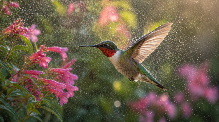 Illustration of a hummingbird bathing by flying through a fine mist