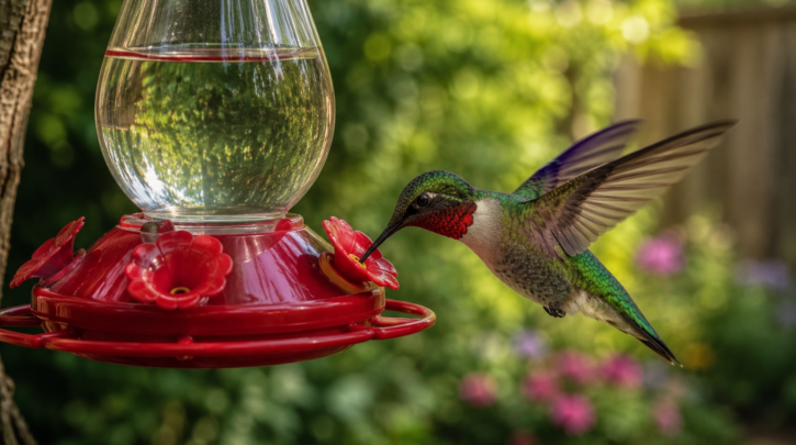 Illustration of a hummingbird feeding from a nectar feeder
