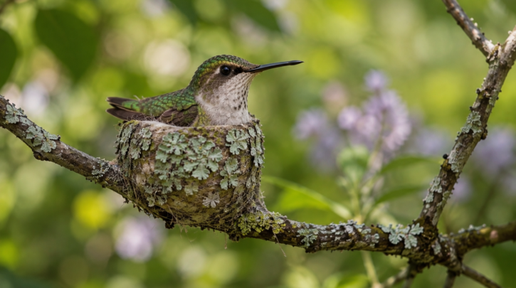 Illustration of a camouflaged hummingbird nest on a thin branch