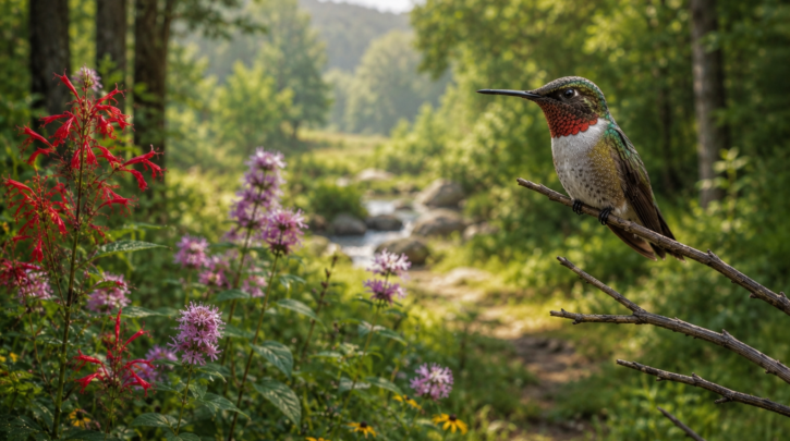 Illustration of a hummingbird perched in its natural habitat