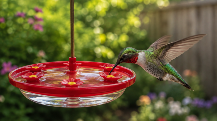 Illustration of a hummingbird feeding at a saucer-style nectar feeder