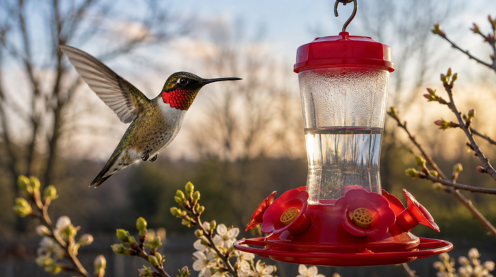 Illustration of a hummingbird arriving at a feeder in early spring