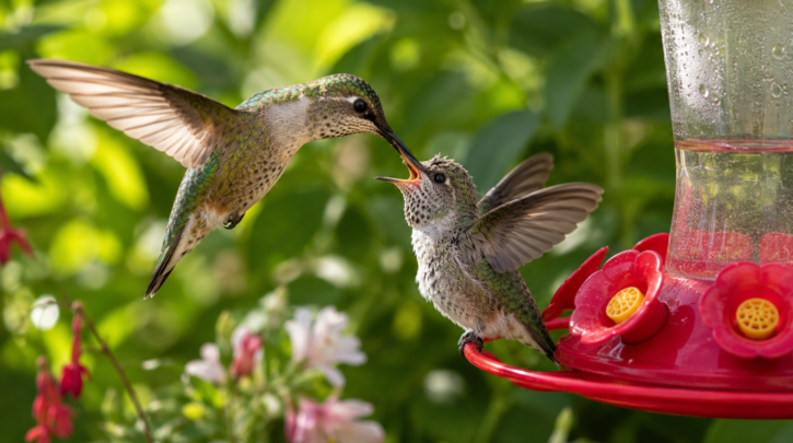 Illustration of a hummingbird fledgling being fed near a summer feeder