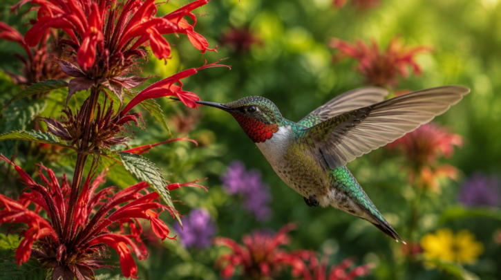 Illustration of a hummingbird feeding from tubular native flowers