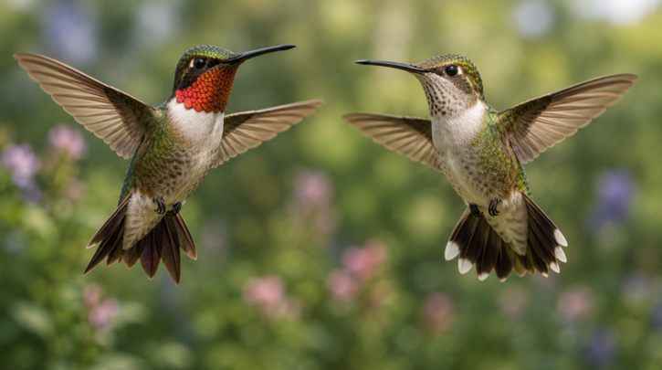Illustration comparing male and female hummingbird gorget and tail differences
