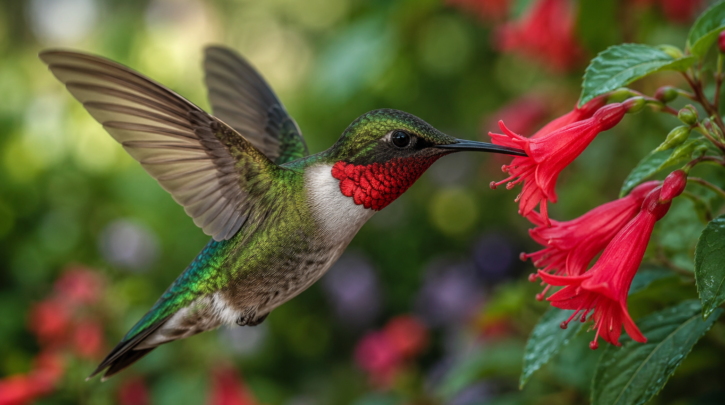 Illustration of a male Ruby-throated Hummingbird showing its red gorget