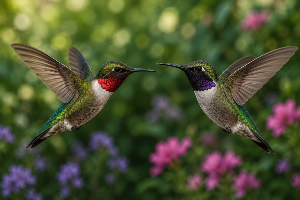 Illustration comparing the nearly identical Ruby-throated and Black-chinned Hummingbirds